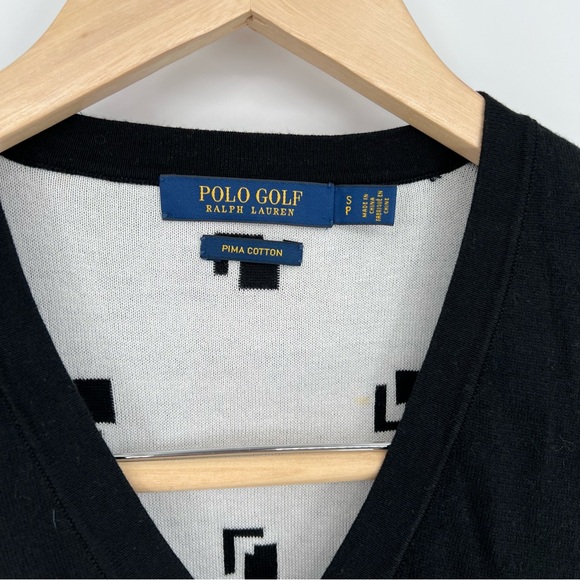 Polo Golf Ralph Lauren Large V-Neck Pullover‎ Sweater Black Whit Print Cotton - Picture 7 of 13